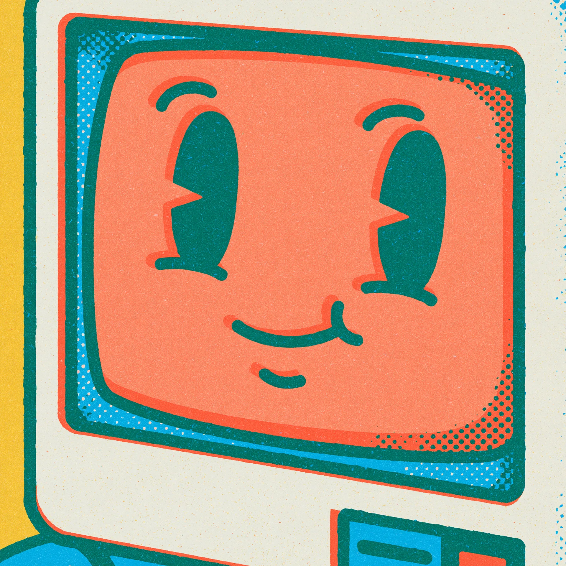 Riso-style illustration of a smiling vintage computer, artwork for the AI 101 project