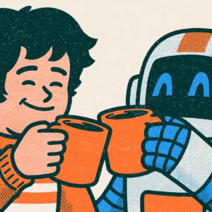 Riso-style illustration of a person and a robot clinking coffee mugs, artwork for the AI & Agency project
