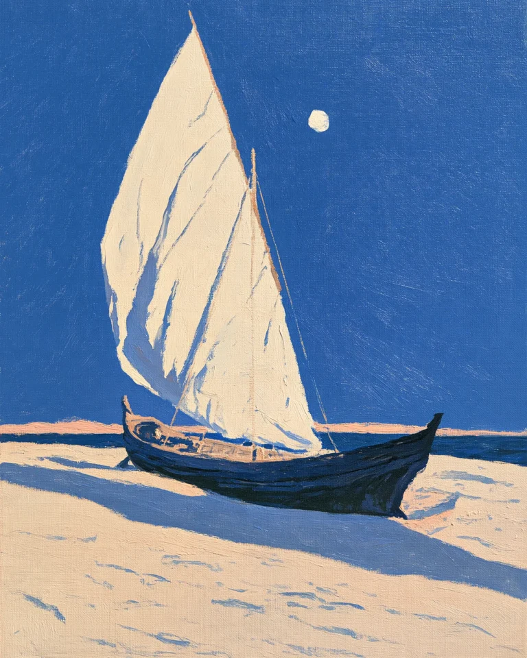 Oil painting of an old wooden sailing boat pulled up on a moonlit beach, artwork for the Elsewhere project