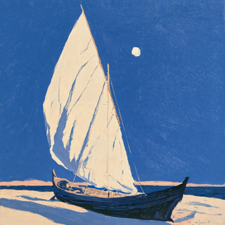 Oil painting of an old wooden sailing boat pulled up on a moonlit beach, artwork for the Elsewhere project