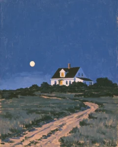 Oil painting of a small white house on a hill at night under a full moon, a sandy path leading up to it, artwork for the essay I Just Do Not Live There Now