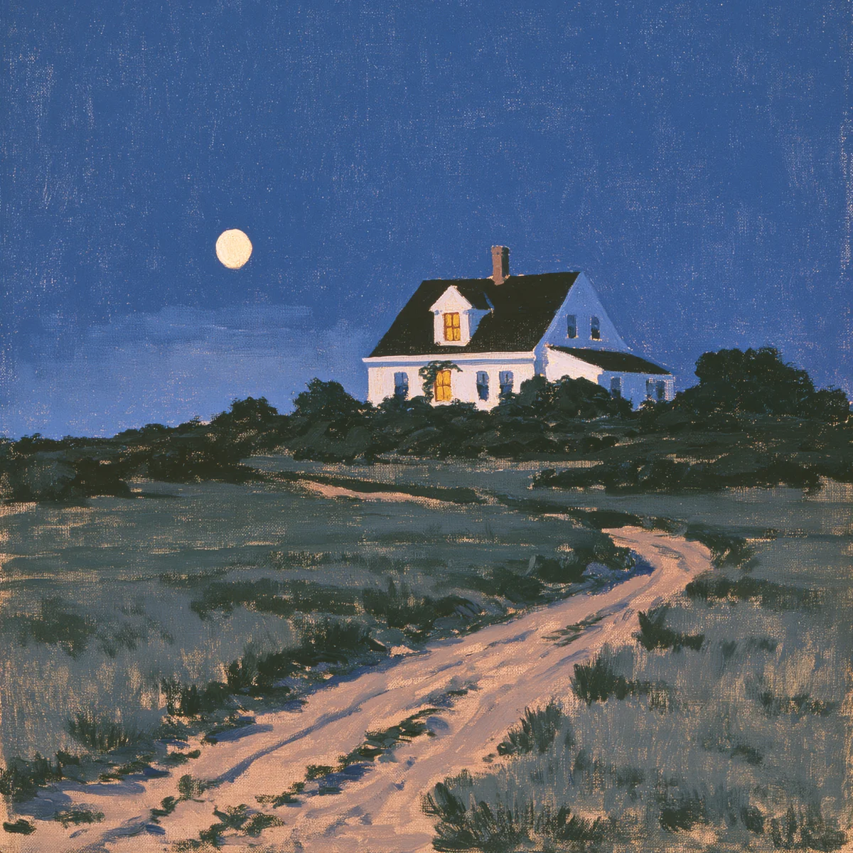 Oil painting of a small white house on a hill at night under a full moon, a sandy path leading up to it, artwork for the essay I Just Do Not Live There Now