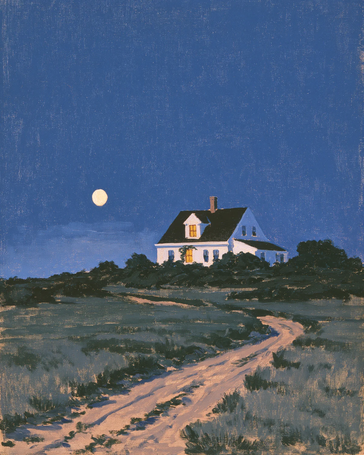 Oil painting of a small white house on a hill at night under a full moon, a sandy path leading up to it, artwork for the essay I Just Do Not Live There Now